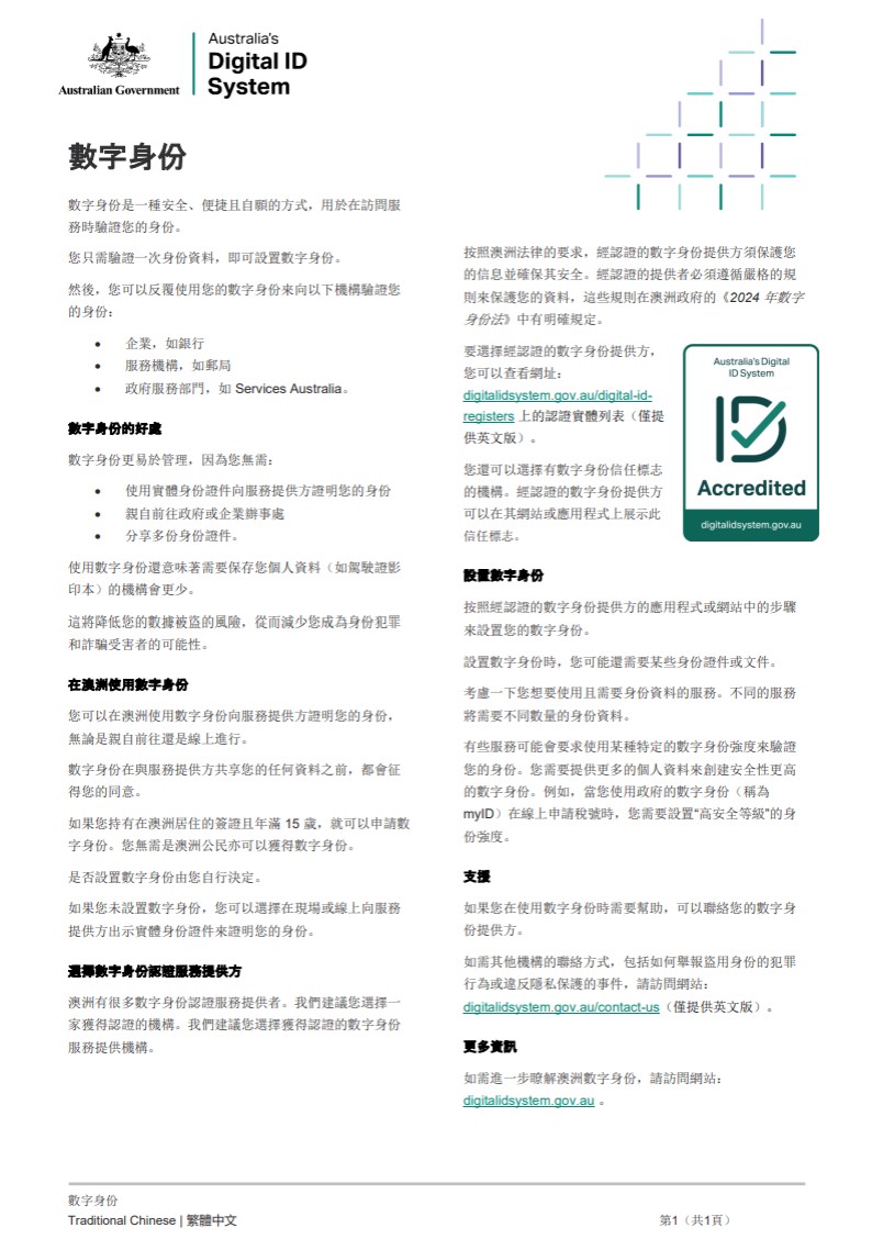 Digital ID in Australia Traditional Chinese factsheet